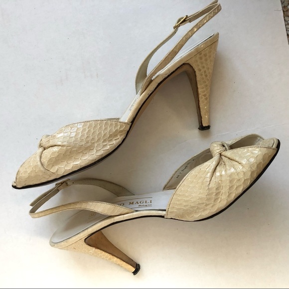 Vintage Bruno Magli Made in Italy Cream Snake Skin Peeptoe Slingback Heels - Picture 6 of 9